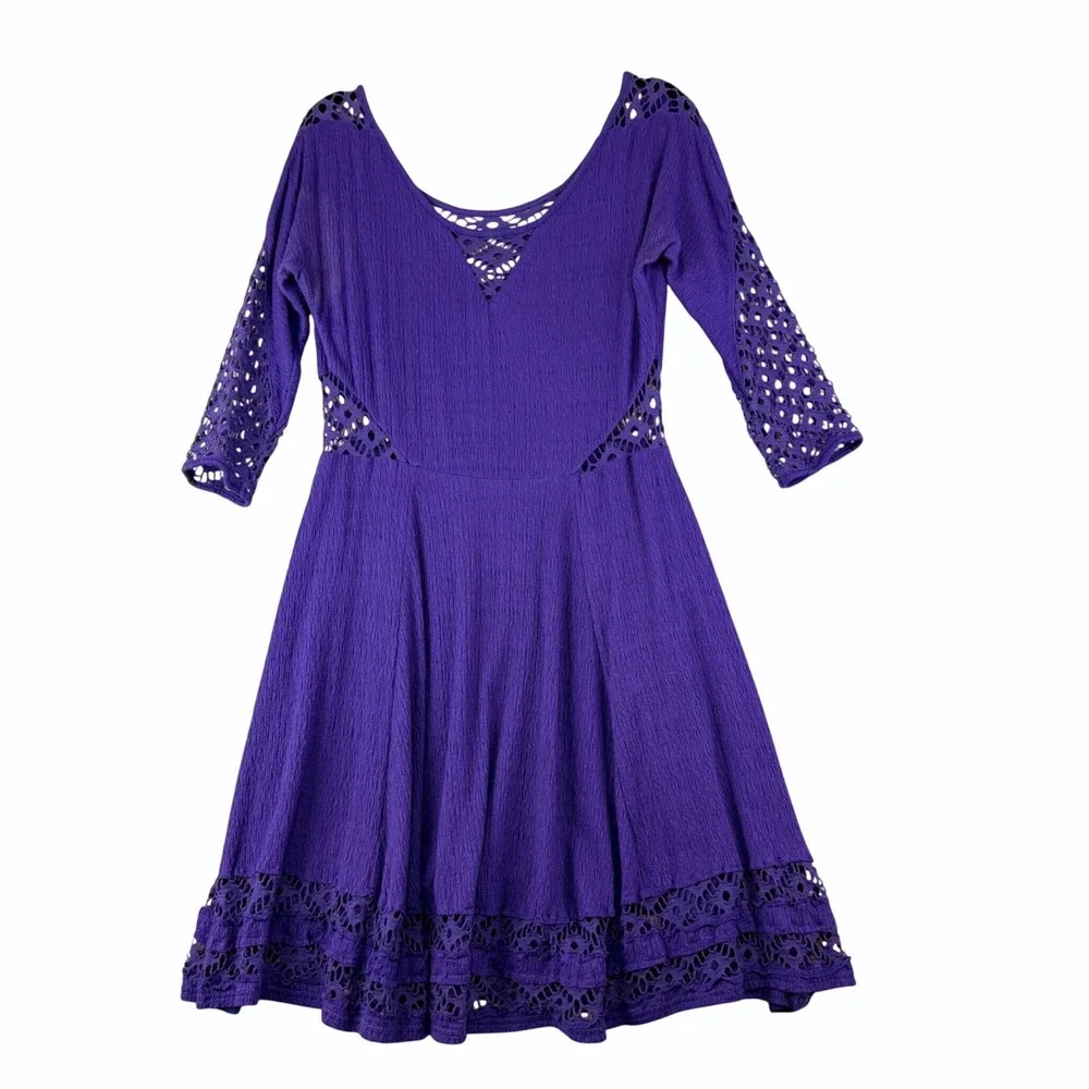 Free People M Purple Mini Dress Crochet Lace Cutout Boho Festival Cottage‎
